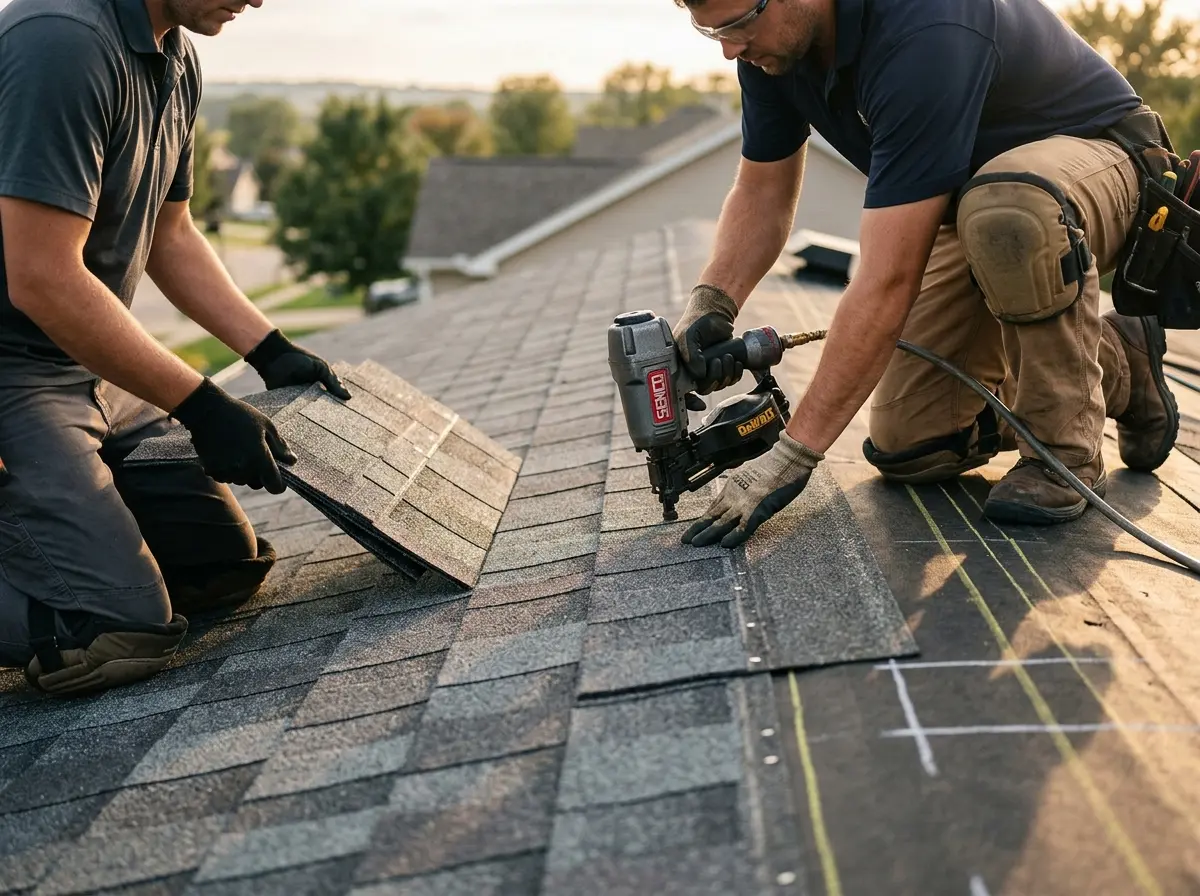 Professional roofer working on a residential roof in Severance